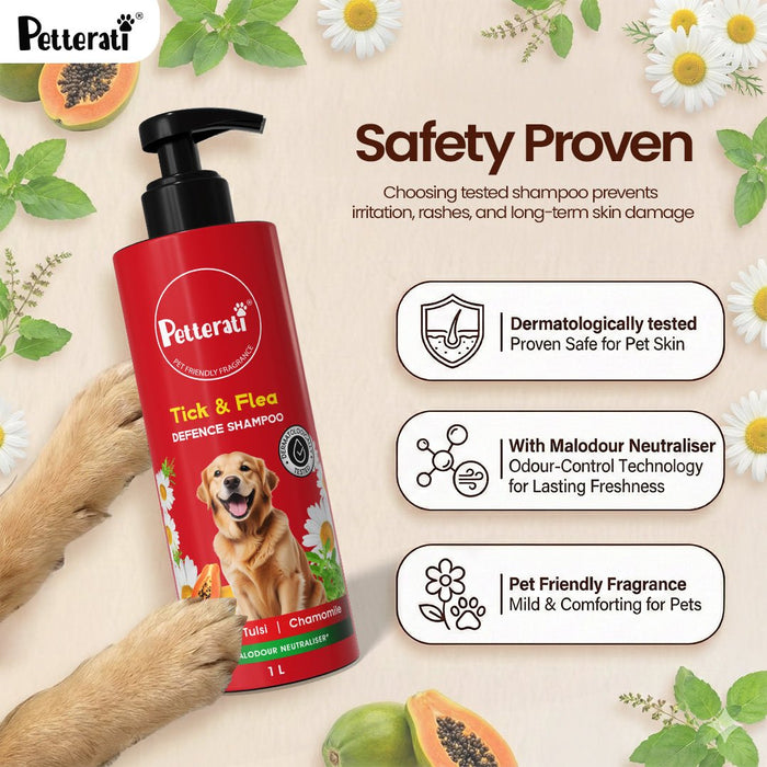 Petterati Tick & Flea Defence Dog Shampoo | With Goodness of Papaya, Tulsi, Chamomile | Shampoo + Conditioner 1000ml Dermatologically Tested with Malodour Neutraliser and Pet Friendly Fragrance - Cavinkart