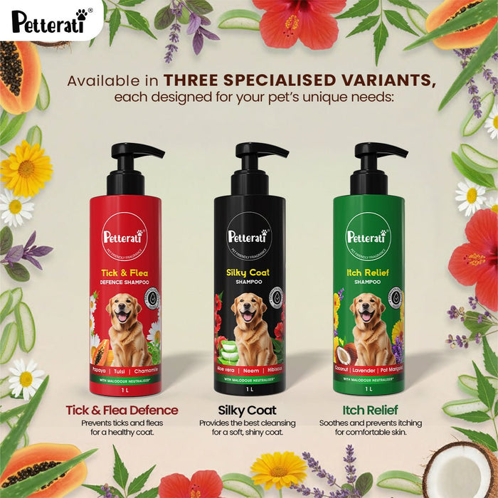 Petterati Tick & Flea Defence Dog Shampoo | With Goodness of Papaya, Tulsi, Chamomile | Shampoo + Conditioner 1000ml Dermatologically Tested with Malodour Neutraliser and Pet Friendly Fragrance - Cavinkart