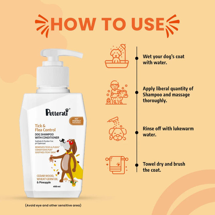 Petterati Tick & Flea Dog Shampoo With Conditioner, 400ml | For All Breeds | Removes Ticks, Fleas - Cavinkart