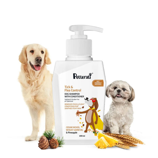 Petterati Tick & Flea Dog Shampoo With Conditioner, 400ml | For All Breeds | Removes Ticks, Fleas - Cavinkart