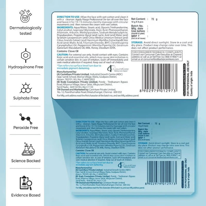 Raaga Professional De - Tan Pack | Tan Removal Cream with Kojic and Milk - 12g x 6 (72 gm) - Cavinkart