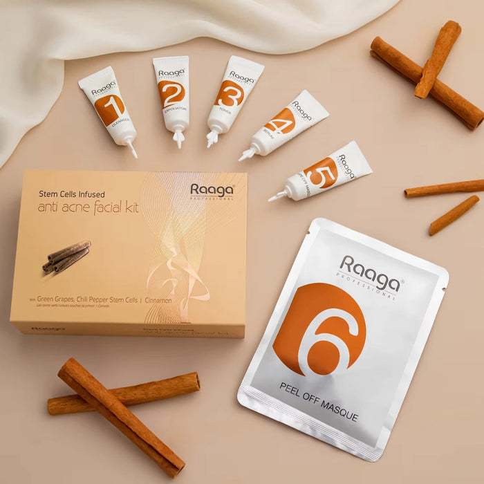 Raaga Professional Stem Cell Anti - Acne Facial Kit, 61g | Cinnamon, Green Grape, Chili Pepper Stem Cells | Fights Acne & Inflammation - Cavinkart