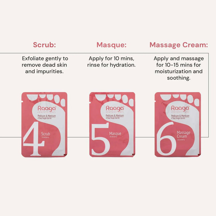 Raaga Professional Strawberry Pedicure and Manicure Kit for Soft & Relaxed Hands and Feet | 99% Pure Strawberry Extract | 6 Sachets | 63 gm - Cavinkart