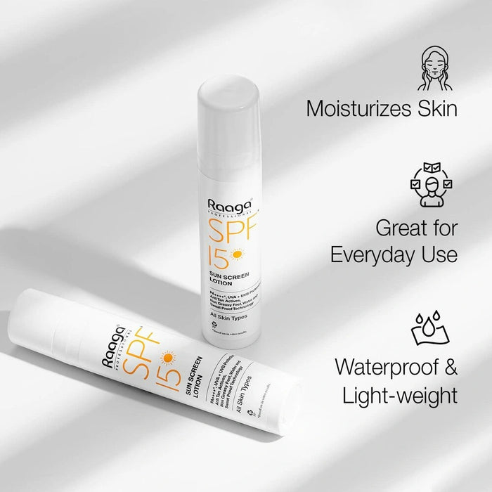 Raaga Professional Sunscreen Lotion SPF 15, 55ml | PA++++ | UVA & UVB Protection | Non - Greasy, Sweatproof, Waterproof Formula - Cavinkart