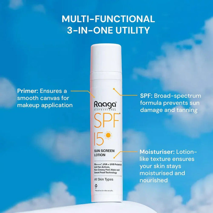 Raaga Professional Sunscreen Lotion SPF 15, 55ml | PA++++ | UVA & UVB Protection | Non - Greasy, Sweatproof, Waterproof Formula - Cavinkart