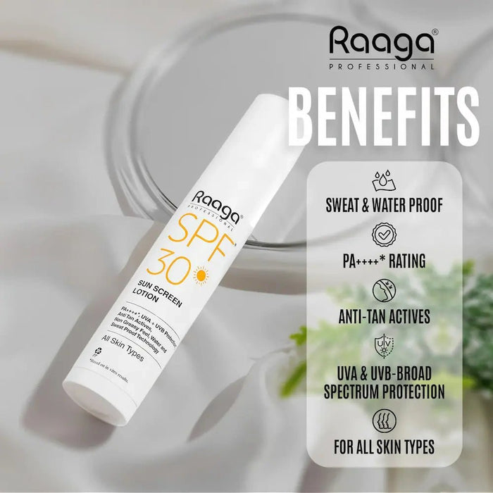 Raaga Professional Sunscreen Lotion SPF 30, 55ml | PA++++ | UVA & UVB Protection | Non - Greasy, Sweat Proof & Waterproof Formula - Cavinkart