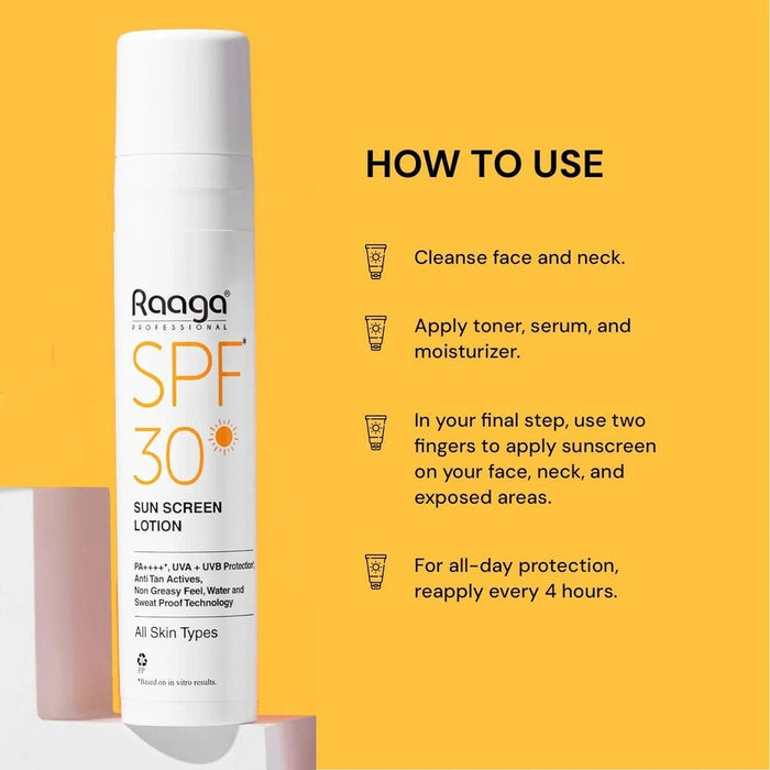 Raaga Professional Sunscreen Lotion SPF 30, 55ml | PA++++ | UVA & UVB Protection | Non - Greasy, Sweat Proof & Waterproof Formula - Cavinkart