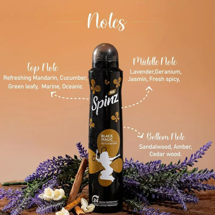 Spinz Black Magic Perfumed Deo for Women, with International Fragrances for Long Lasting Freshness and 24 Hours Protection, 200ml - Cavinkart