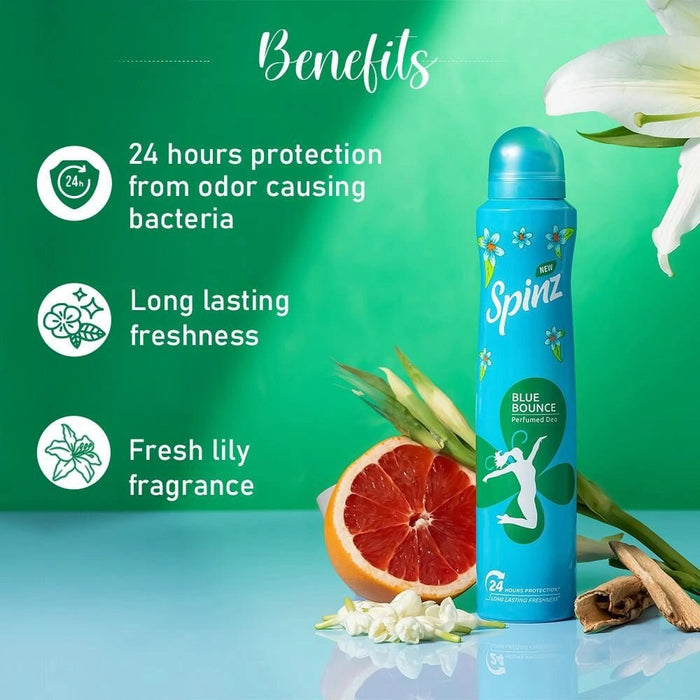 Spinz Blue Bounce Perfumed Deo for Women, with Fresh Tuberose Fragrance for Long Lasting Freshness and 24 Hours Protection, 200ml - Cavinkart