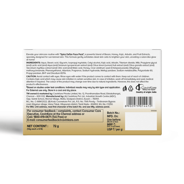 Spinz DeTan Face Pack | Tan Removal Cream with Besan, Honey & Kojic Acid | 72g | Pack of 6 (12g*6 pcs) - Cavinkart