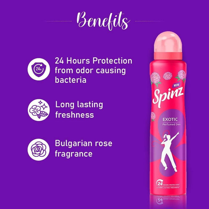 Spinz Exotic Perfumed Deo for Women, with Bulgarian Rose Fragrance for Long Lasting Freshness and 24 Hours Protection, 200ml | A long - lasting perfume deo for women | 24 - Hour Sweat and Body Odour Protection - Cavinkart