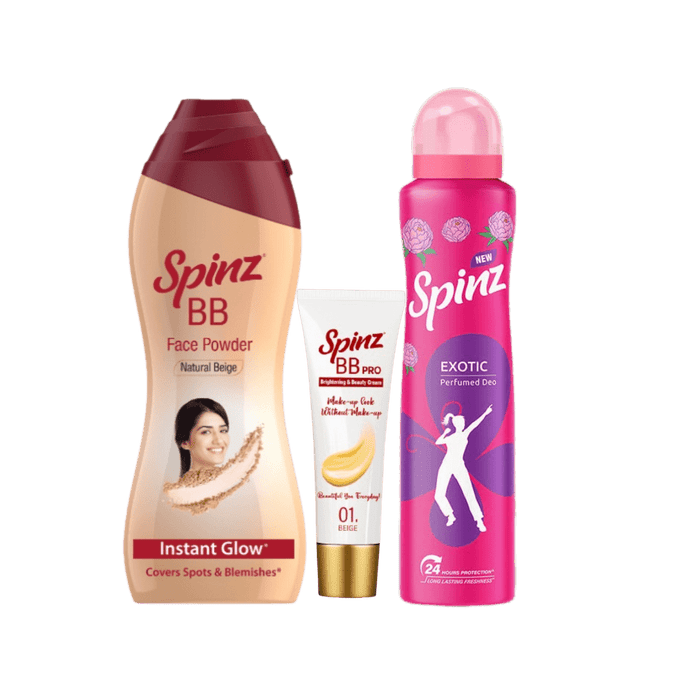 Spinz Face Powder + Spinz BB Pro Brightening face cream + Spinz Exotic Perfumed Deo for Women (Bulgarian Rose Fragrance) - Cavinkart
