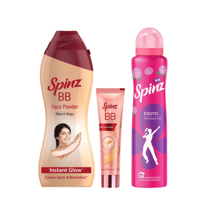 Spinz Face Powder + Spinz BB Pro Brightening face cream + Spinz Exotic Perfumed Deo for Women (Bulgarian Rose Fragrance) - Cavinkart