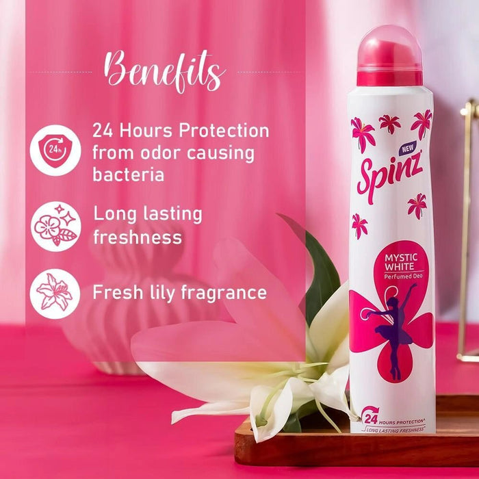 Spinz Mystic White Perfumed Deo for Women, with Fresh Lily Fragrance for Long Lasting Freshness and 24 Hours Protection, 200ml - Cavinkart
