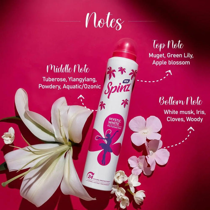 Spinz Mystic White Perfumed Deo for Women, with Fresh Lily Fragrance for Long Lasting Freshness and 24 Hours Protection, 200ml - Cavinkart