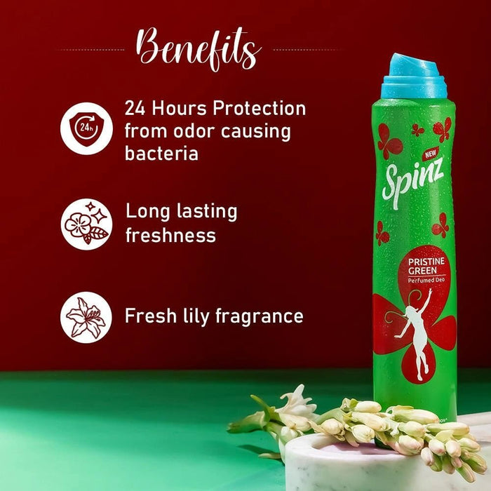 Spinz Pristine Green Perfumed Deo for Women, with International Fragrances for Long Lasting Freshness and 24 Hours Protection, 200ml - Cavinkart
