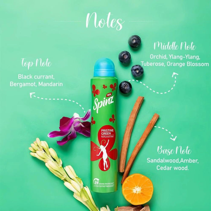 Spinz Pristine Green Perfumed Deo for Women, with International Fragrances for Long Lasting Freshness and 24 Hours Protection, 200ml - Cavinkart