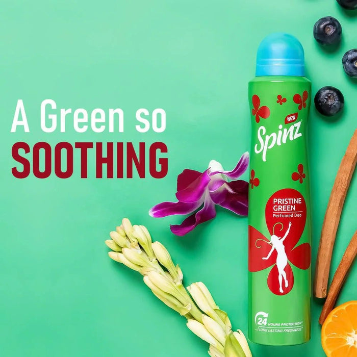 Spinz Pristine Green Perfumed Deo for Women, with International Fragrances for Long Lasting Freshness and 24 Hours Protection, 200ml - Cavinkart