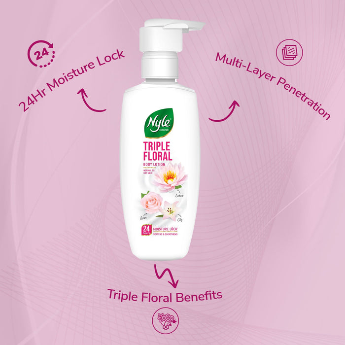Nyle Naturals Triple Floral Body Lotion with White Lily, White Rose & White Lotus for 24 Hours Long Lasting Moisturization - 400 ml