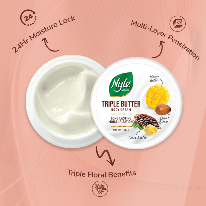 Nyle Naturals Triple Butter Body Cream with Cocoa Butter, Mango Butter & Shea Butter for 24 Hours Long Lasting Moisturization - 450 ml