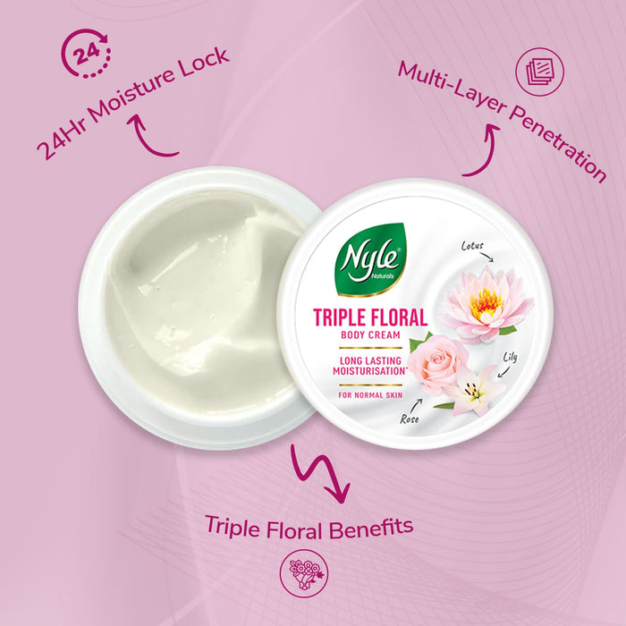 Nyle Naturals Triple Floral Body Cream with White Lily, White Rose & White Lotus for 24 Hours Long Lasting Moisturization - 450 ml