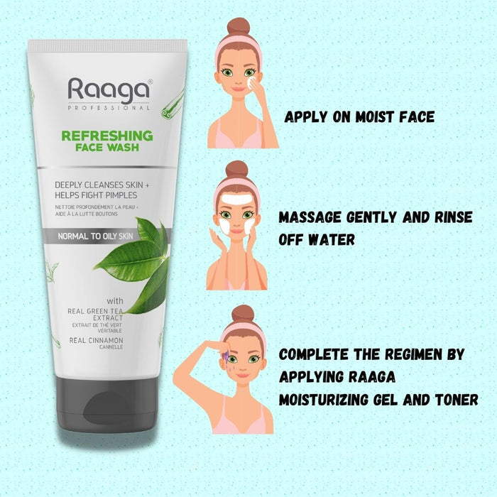 Raaga Professional Refreshing Facewash, With Real Green Tea Extract & Cinnamon, Normal to Oily Skin, 80 ml